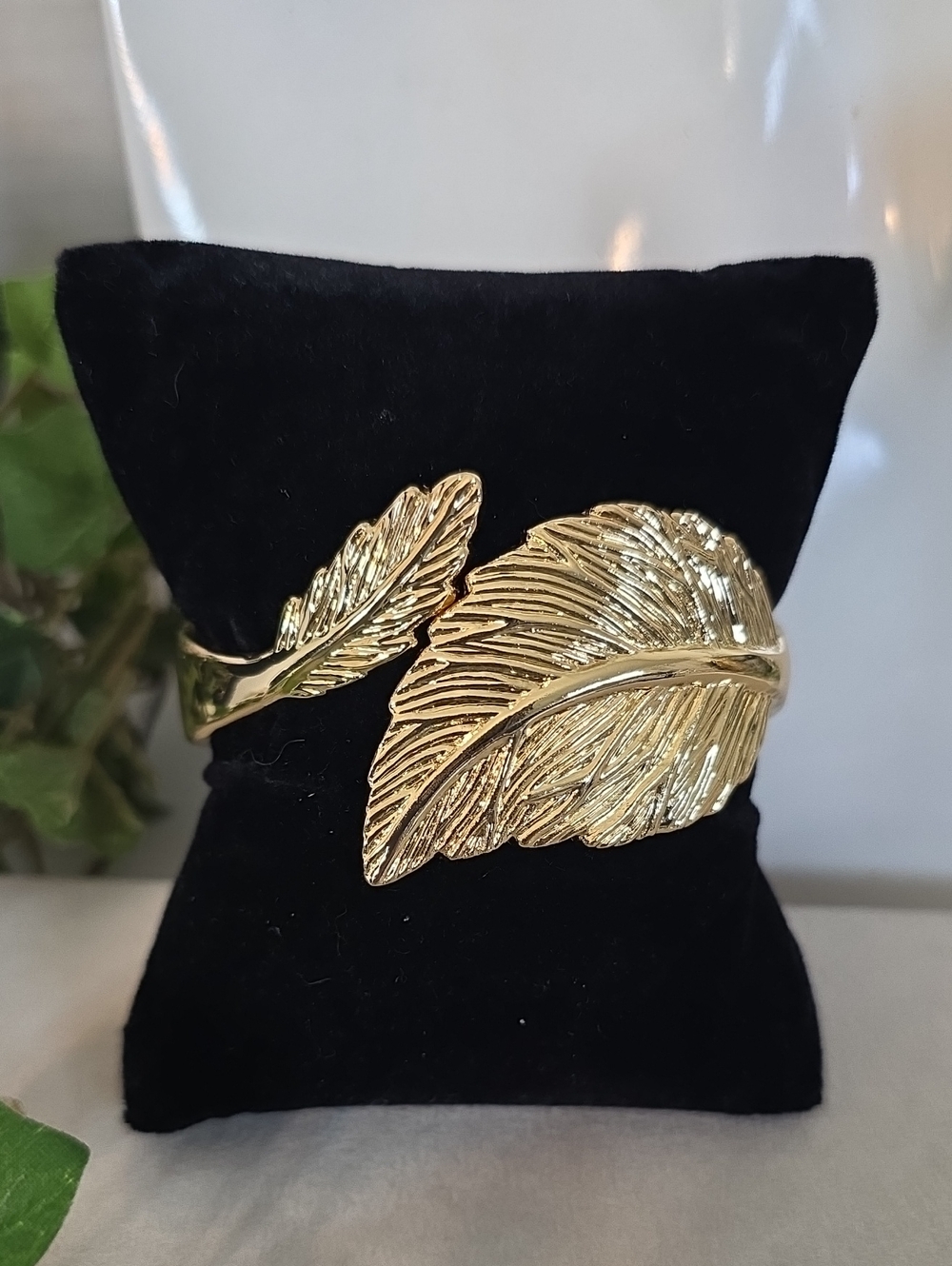 Gold Filled Feather Leaf Bangle Bracelet | Hinged Statement Cuff